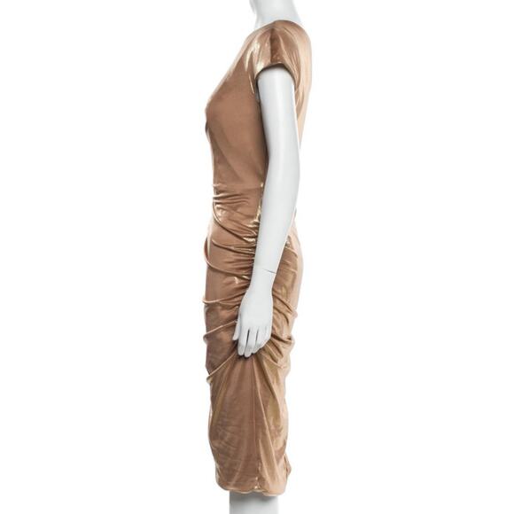 Rene Ruiz Metallic Gold One Shoulder Ruched Midi Cocktail Dress 4 NWT - Picture 2 of 10